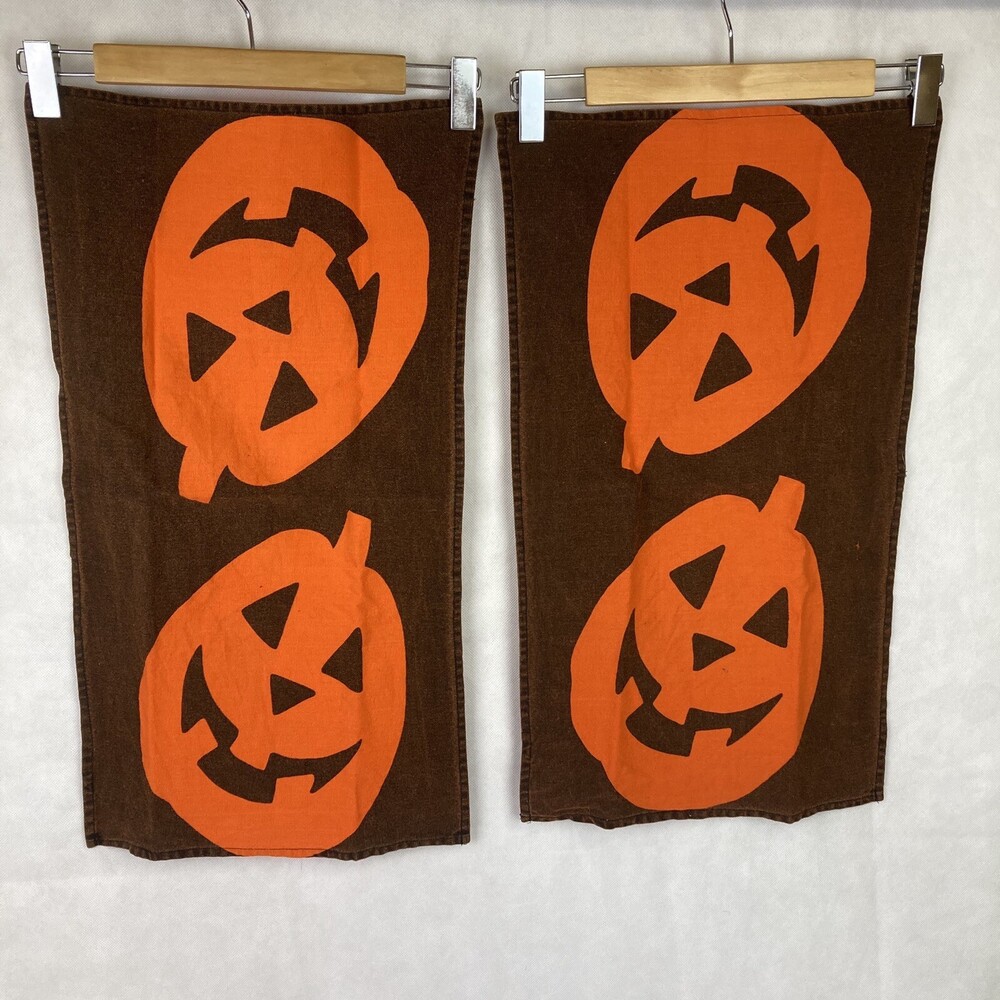 VTG Set Pair 2 Kitchen Hand Dish Towels 24" Halloween Black Orange JOL Pumpkins